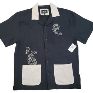 New Malibu Mens Size L Short Sleeve Paisley Button Up Shirt Black Beige Pocket